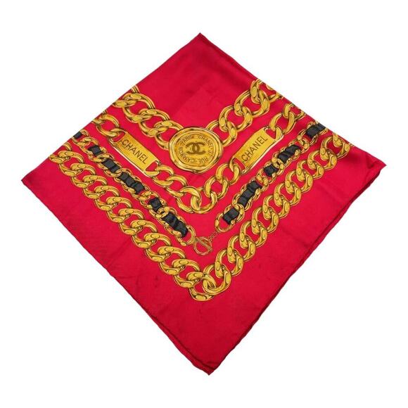CHANEL Coco Mark Logo Red Chain Pattern Silk Scarf/Stole W/Box - Picture 8 of 16